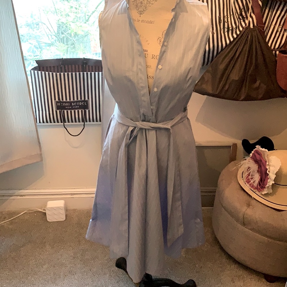 Blue pinstripe waist tie dress